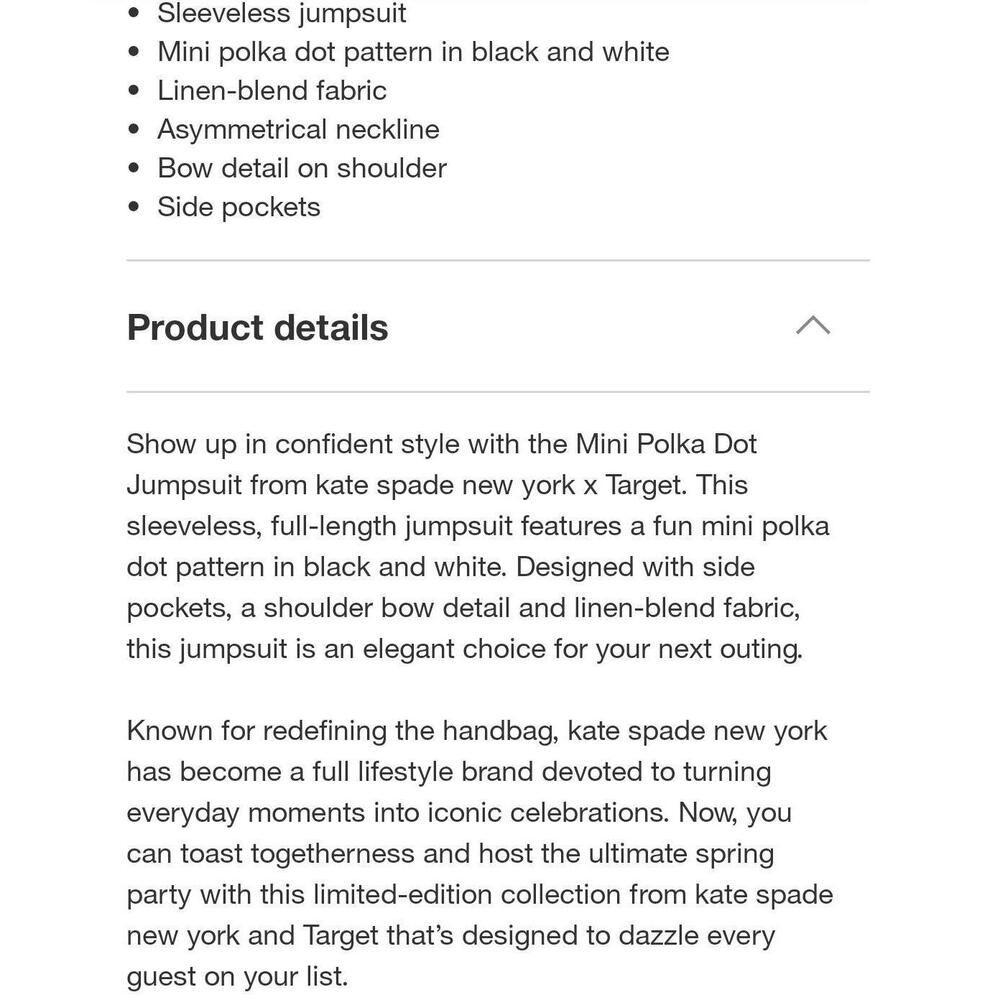 New Kate Spade, Target Size 18 Mini Polka Dot Jumpsuit Black/White (1X Plus) NWT - Picture 5 of 10